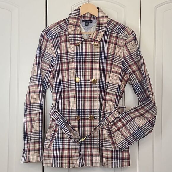 Tommy Hilfiger Plaid Short Trench Coat Buttons Belted Pockets Size XL - Picture 1 of 16